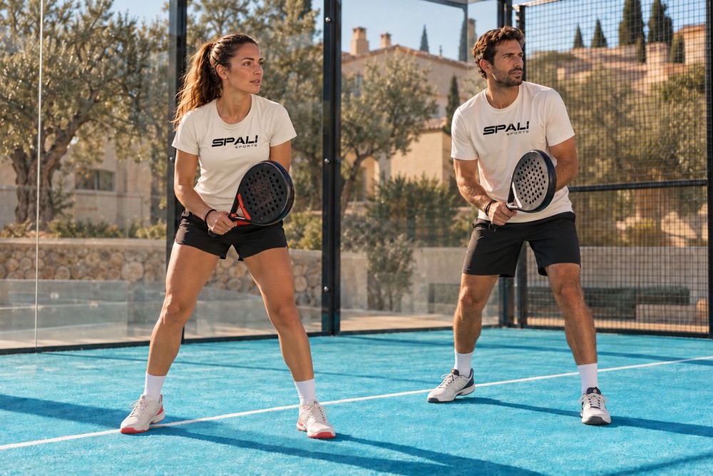 Pareja de deportistas con camisetas crema